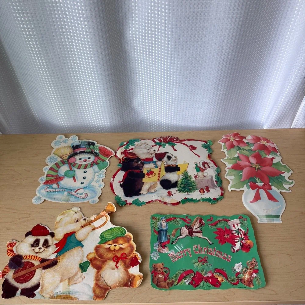 Vintage Eureka & Personality Bears Cardboard Die-Cut Christmas Decoration Lot